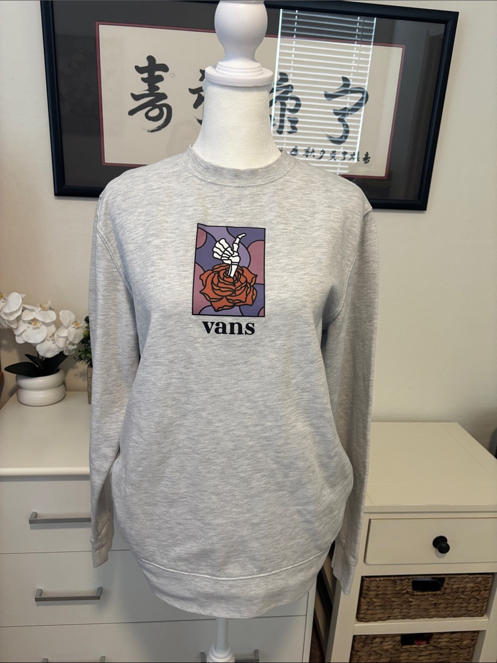 Vans Light Gray Crewneck Sweatshirt with Rose Graphic